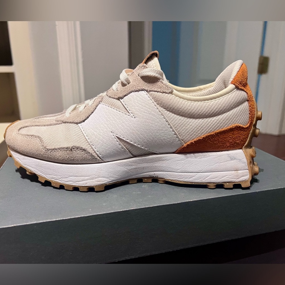 New Balance sneakers. White and tan. Size 8